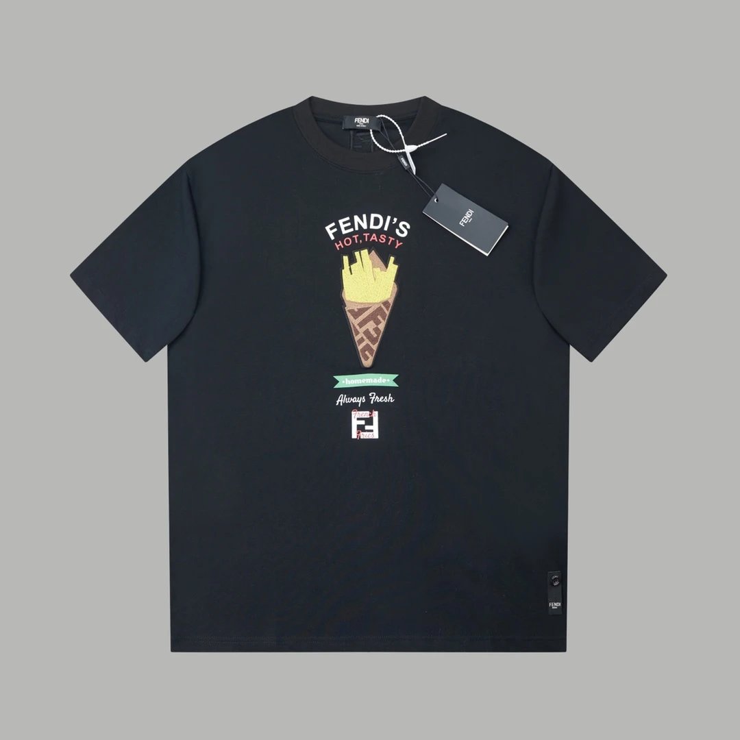FENDI T-shirt French Fries Patch Badge Embroidery on Chest logo round Neck Short Sleeve25ss New Pure Cotton Unisex Style T Casual T-Shirt Base Layer Shirt OS Loose Fit Half Sleeve Top Plus Size