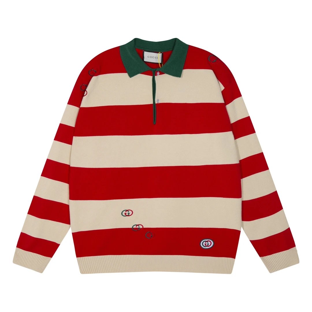 Gucci Sweater Stripes Polo Collar Turn-down Collar Round Neck Sweater Knitwear Long Sleeve Thickened Lazy Style Unisex Loose Knit Top Coat Versatile Casual Wearable Inside and Outside