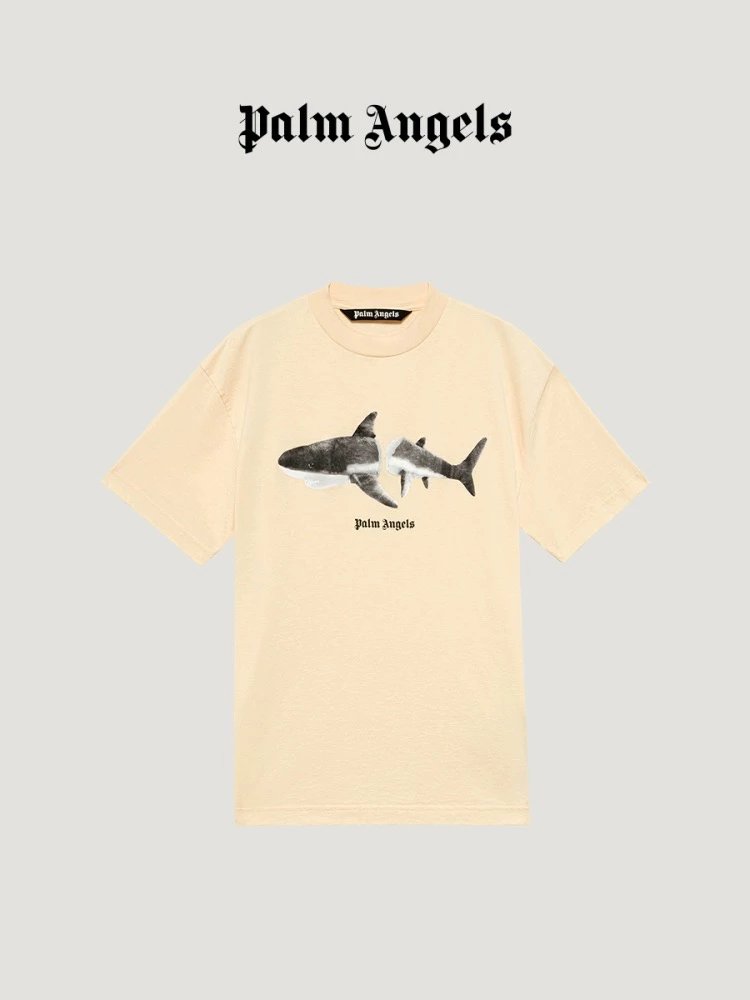 Palm Angels T-shirt Top Version Men's and Women's Same Cream Color Broken Head Shark Printed Short Sleeve round Neck T T-shirt