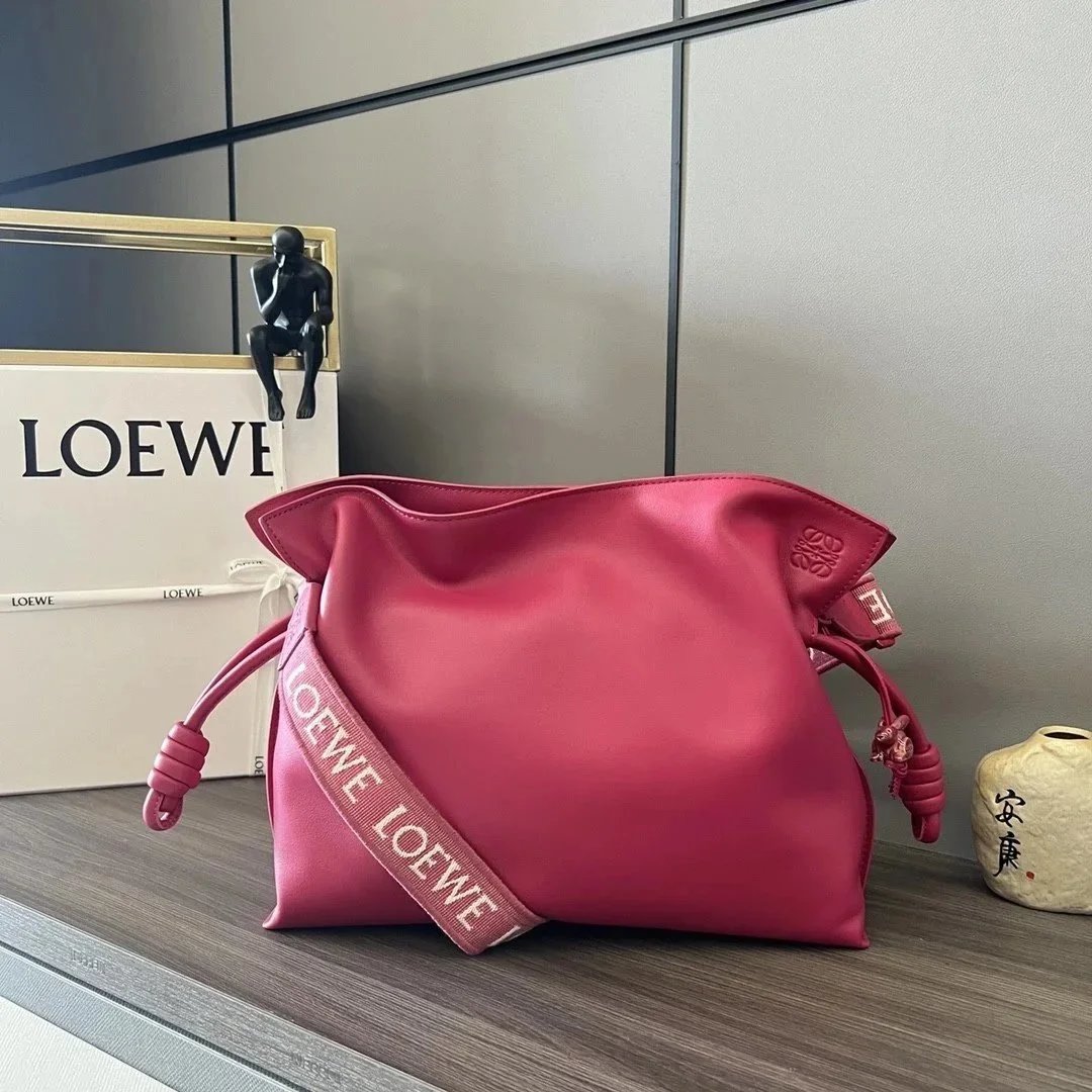 LOEWE Women's Bag Top version 【Original Leather Hardware】23New Flamenco Lucky Bag Clutch Bag Wide Shoulder Strap Lucky Bag Bag Drawstring Bucket Bag Original Napa Cowhide with Same Color Bunny Hanging Ornaments23New Lucky Bag Women's Bag