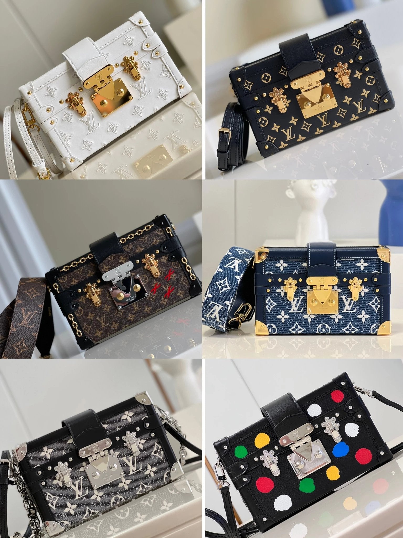 Louis Vuitton LV Women's Bag Top version 2022New Ladies PetiteMalle White Full Leather Embroidery logo Hard Box Bag M20847Men's and women's bags M21462d Denim Black Blue Denim45554Retro patterns M57817