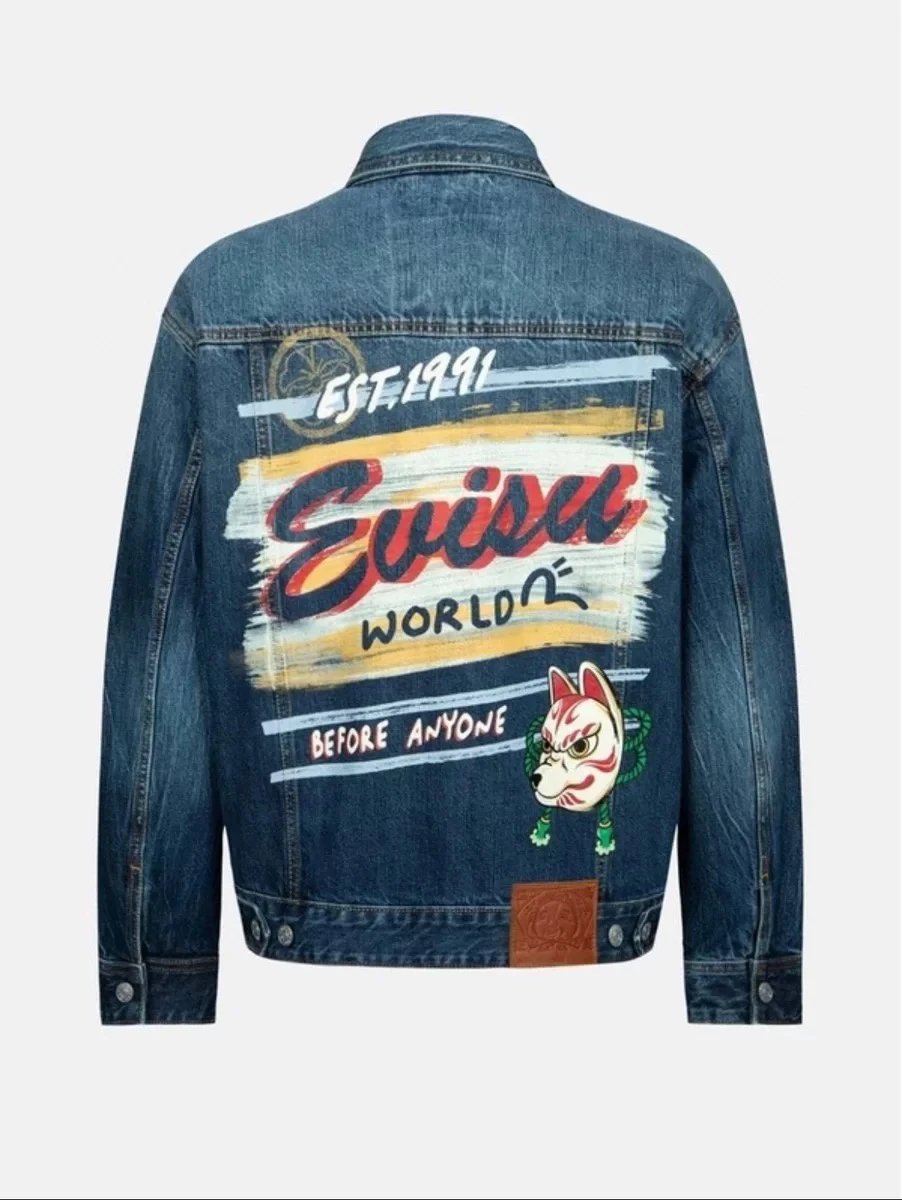 Evisu Jackets Top Version Rice Lotus Mask and Slogan Loose Washed-out Denim Jacket Coat Leisure Sports Men and Women Loose