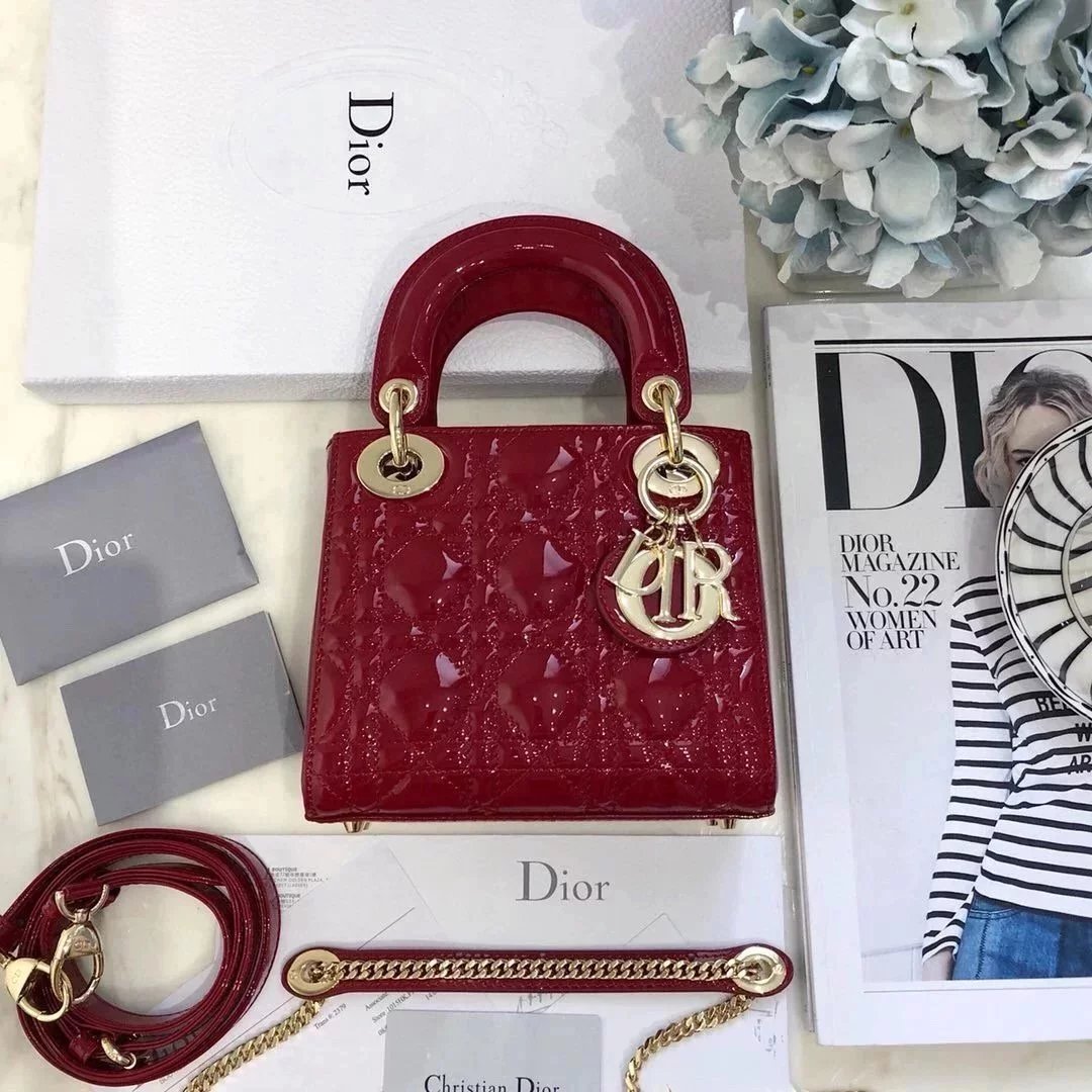 Dior Women's Bag Top version Version2023New ladymini Bag Diana Bag Three-Grid Classic Patent Leather Chain Shoulder Messenger Handbag Women's Bag