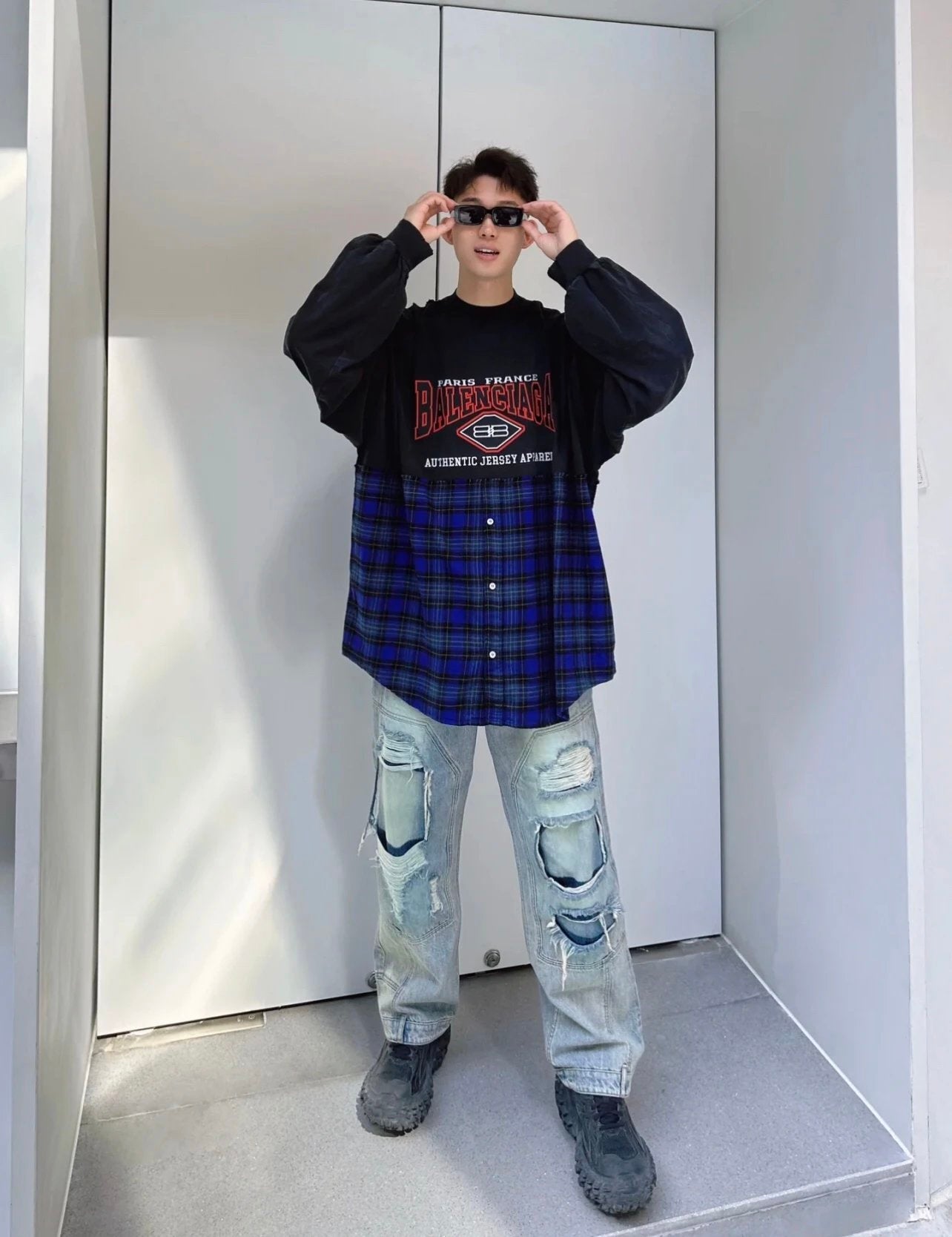 Balenciaga Hoodie 24FW Batman Embroidered Patchwork Plaid Fake Two-Piece Long Sleeve T Unisex T-Shirt Jacket