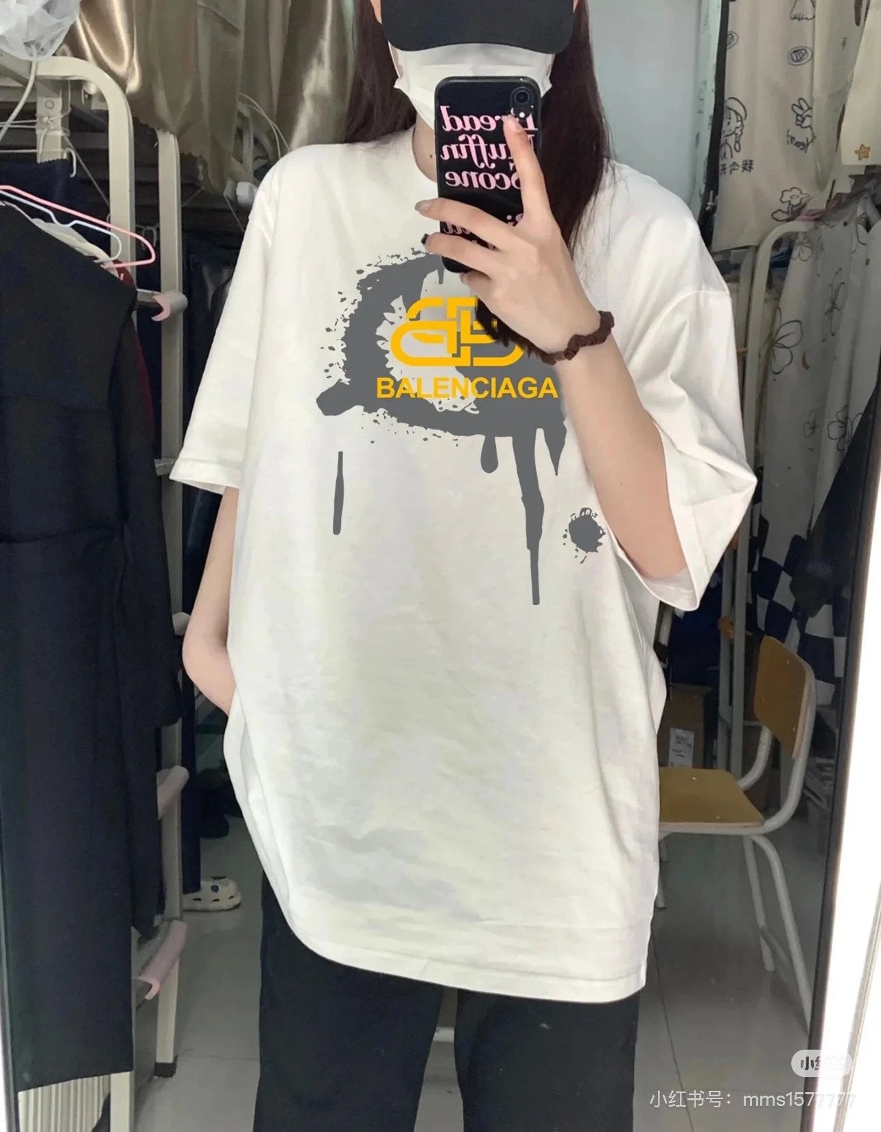 Balenciaga T-shirt Front Chest Lock Ink Splash Letter Print logo round Neck Short Sleeve25ss New Pure Cotton Unisex Style T T-shirt OS Loose Fit Base Shirt Top Half Sleeve T-Shirt