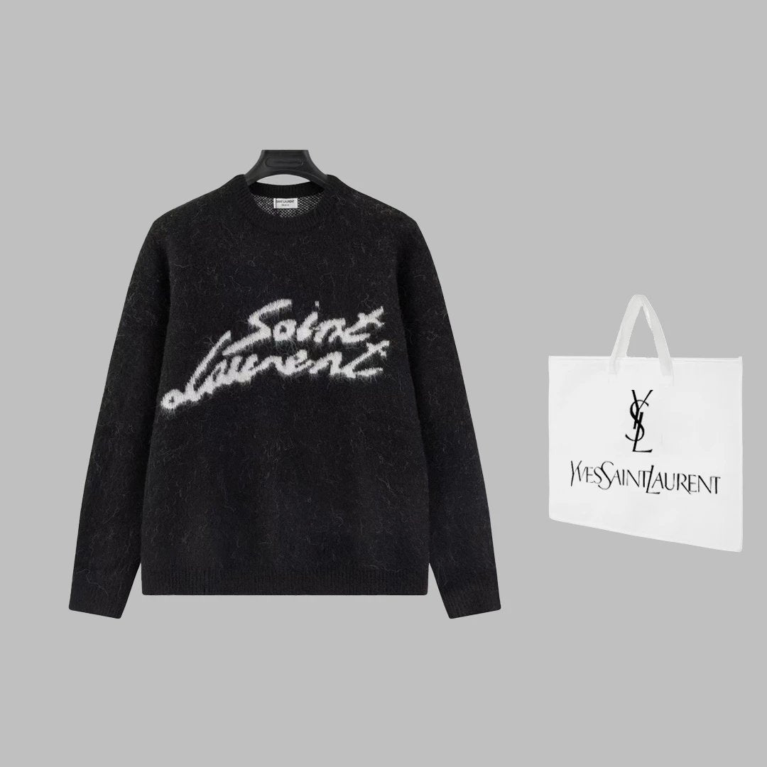 YSL Sweater Mohair Crew Neck Sweater Angora Wool Pullover Thickened Warm Long Sleeve Knitted Inner Layer Unisex os Version24ss Autumn and Winter New Products