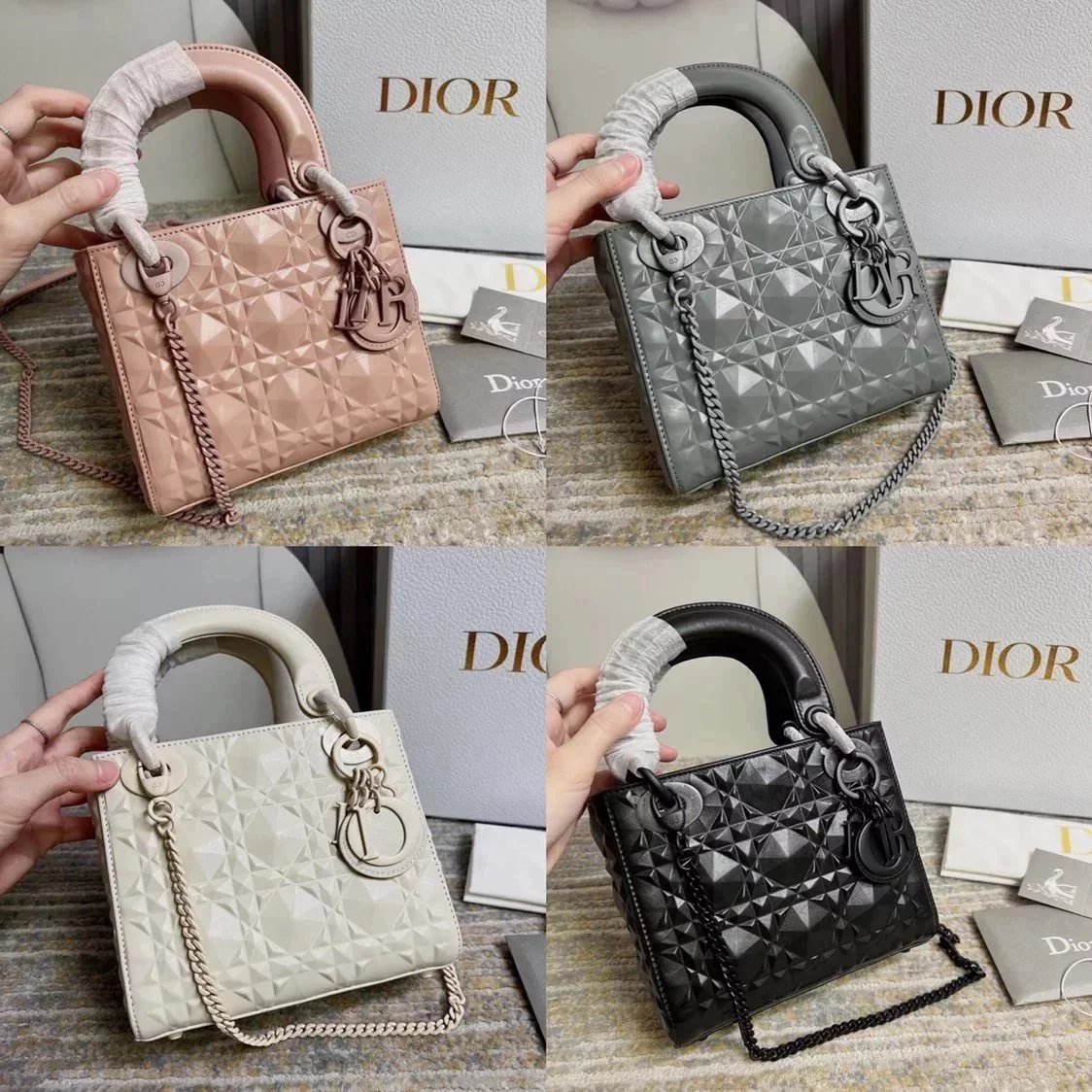 Dior Women's Bag Top version Original Leather2022Spring and Summer New Diamond Rattan Plaid Diana Bag3Grid MiniLady Three Grids17cm New Diamond Rattan Plaid Women's Cow Leather Bag