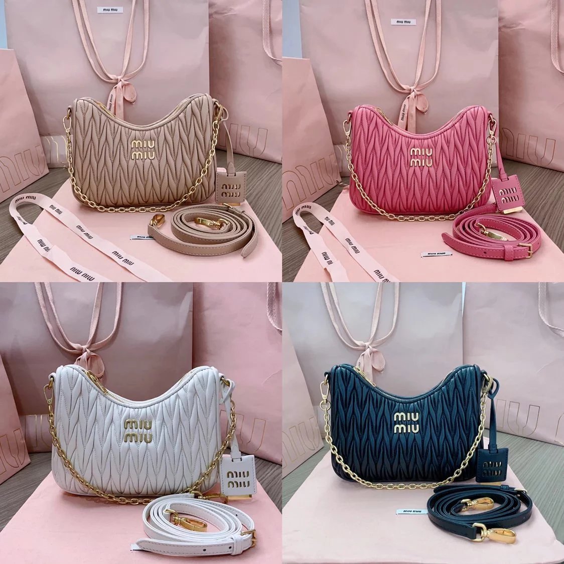 Miu Miu Bag Top version 【M Home】New Season Women's Bag Crystal Chain Accessories Series Handbag Pleated Lambskin hobo Bag Shoulder Crossbody Handbag Underarm Bag5BH211New Version Genuine Leather Shoulder Strap Shoulder Bag Chain Bag Underarm Bag