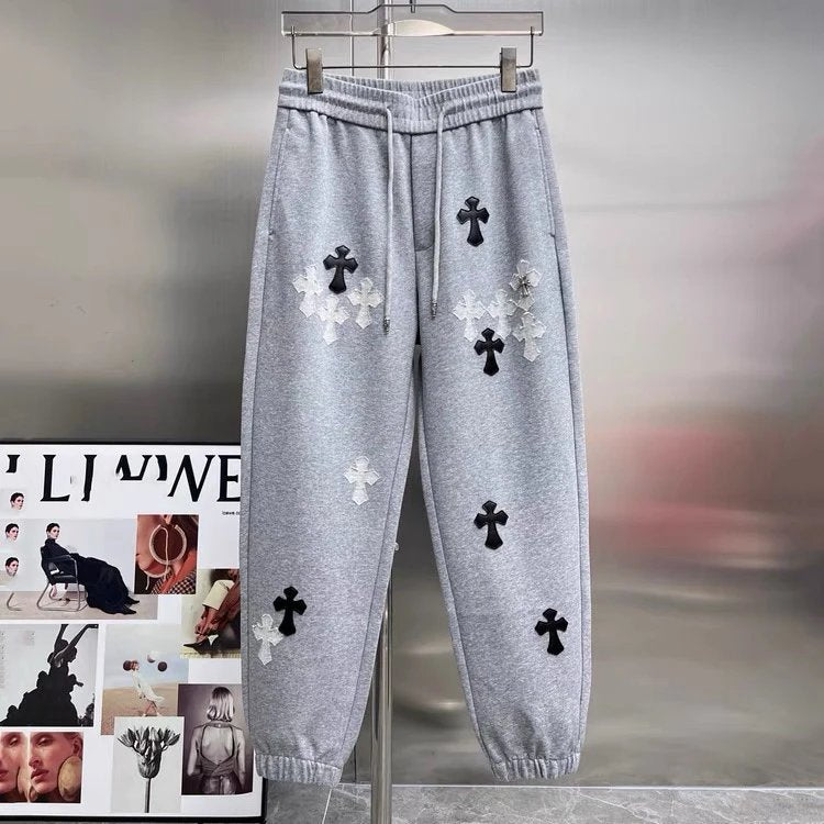 Chrome Hearts Sweatpants Top Version High Version Sanskrit Sweatpants Men's Ankle-Tied Ripped Cross Skin Patch Autumn and Winter Casual Sports Trousers