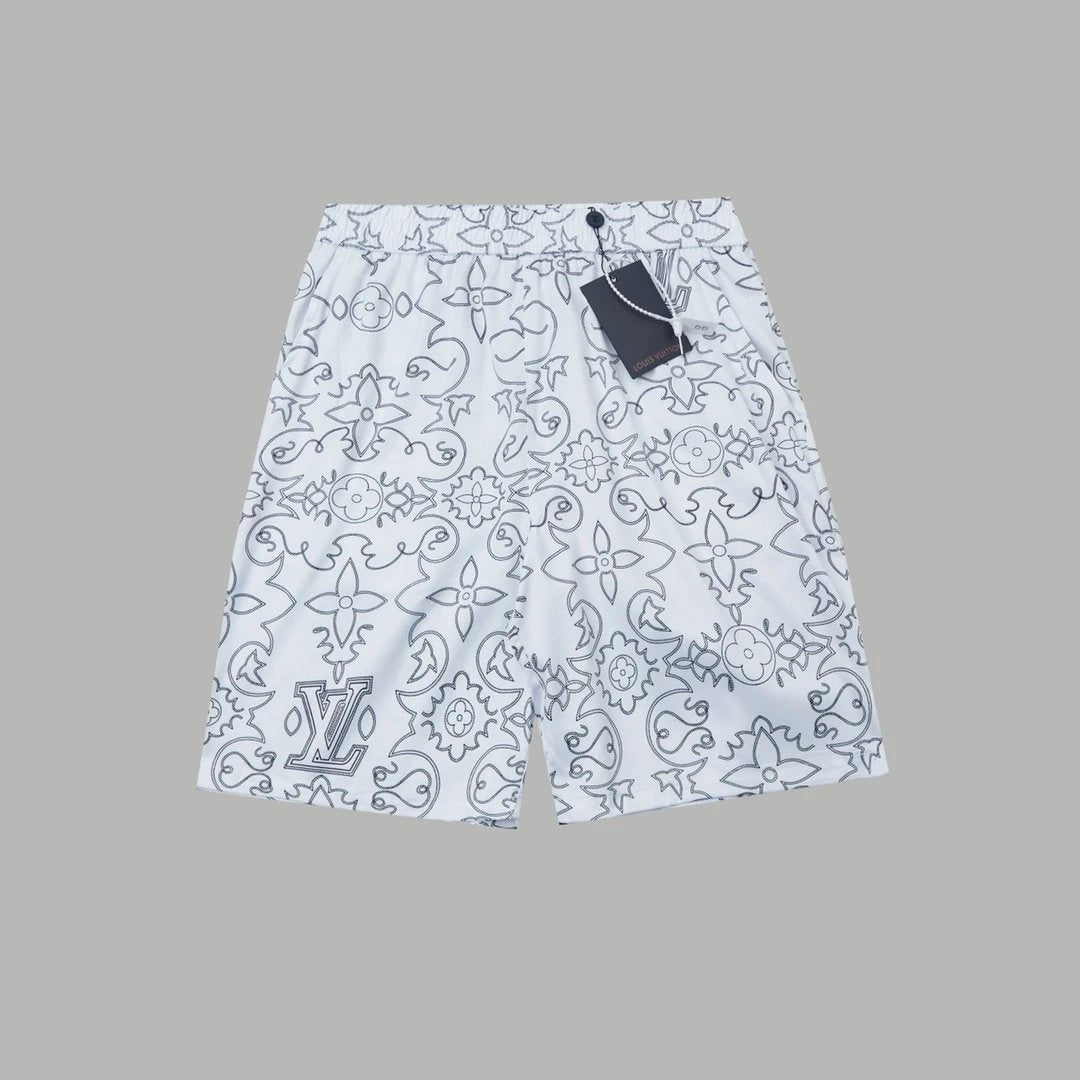 Louis Vuitton LV Shorts Allover Old Flower Print logo Five-point Shorts25ss New Drawstring Casual Pants for Men and Women, Summer Style5Two-in-One Casual Sweatpants Pure Cotton Joggers