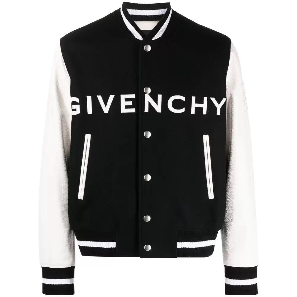 Givenchy Jackets Top Version Wool Blended Cowhide Grain Sleeve Letters Logo Baseball Jacket Black and White Men's Jacket