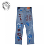 Chrome Hearts Jeans Cross Sanskrit Graffiti Print logo25ss Spring Summer New Straight Loose Jeans Unisex Slim Fit Long Pants