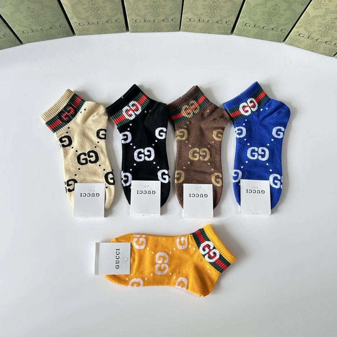 Gucci Sock 【Five Pairs Per Box】Classic Letters logo Pure Cotton Mid-Calf Short Tube Socks Breathable Fashionable25ss New Short Cotton Socks Spring Summer Autumn Thin Business Sports Casual Versatile Deodorant Sweat-Absorbing