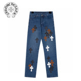 Chrome Hearts Jeans Multicolor Cross Patchwork Leather logo25ss Spring Summer New Straight Loose Jeans Unisex Slim Fit Long Pants