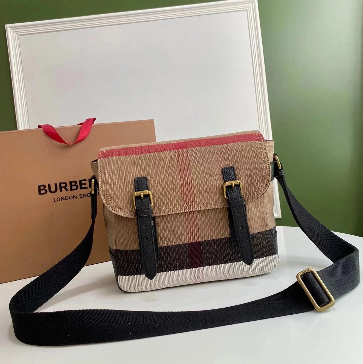 Burberry Women's Bag Top version Classic Canvas Canvas Plaid Flip Double Buckle Messenger Bag Shoulder Crossbody Men's and Women's Bags