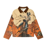 Louis Vuitton LV Jackets 24FW Vintage Bonfire Series Horse Riding Pole Western Cowboy Print Couple Lapel Denim Jacket Unisex