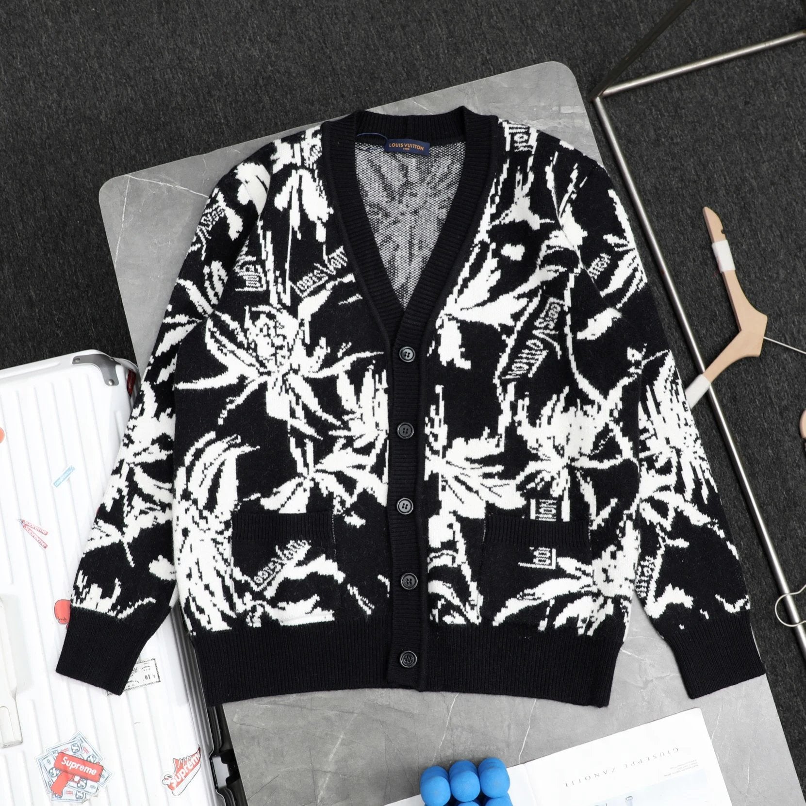 Dior Sweater Coconut Tree Jacquard Wool Cardigan Sweater Unisex Outerwear Long Sleeve Soft Lazy Style Sweater Coat Thickened Versatile Casual Wear