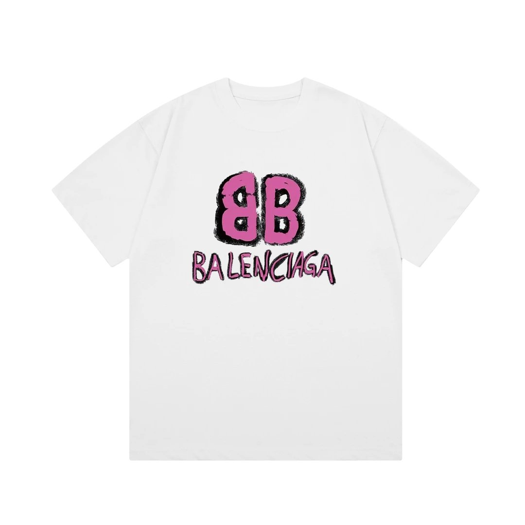 Balenciaga T-shirt Double B Doodle Letter Print Logo Logo Crew Neck Short Sleeve25ss New Pure Cotton Unisex Style T T-shirt OS Loose Fit Base Shirt Top Half Sleeve T-Shirt