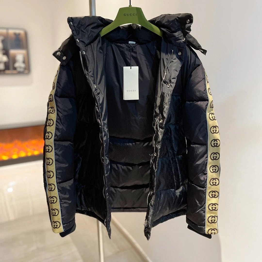 Gucci Down Jacket New Full Print Reflective Ribbon Fashion Show Style Double G Jacquard Down Jacket Coat Unisex Couple Style
