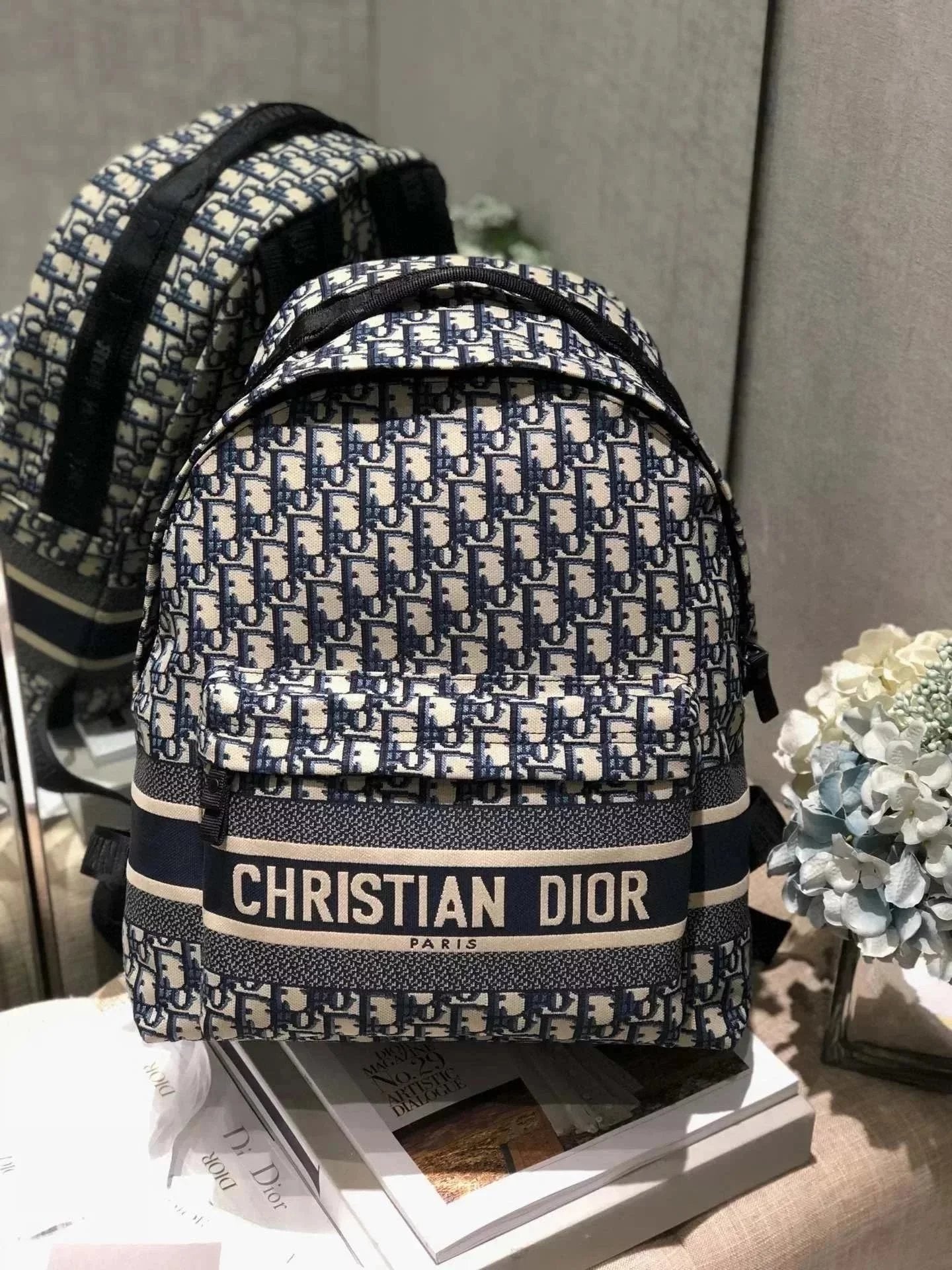 Dior Backpack Top version Presbyopic Canvas Backpack ObliqueNewbackpack Printed Letter Schoolbag Backpack Men's and Women's Bags