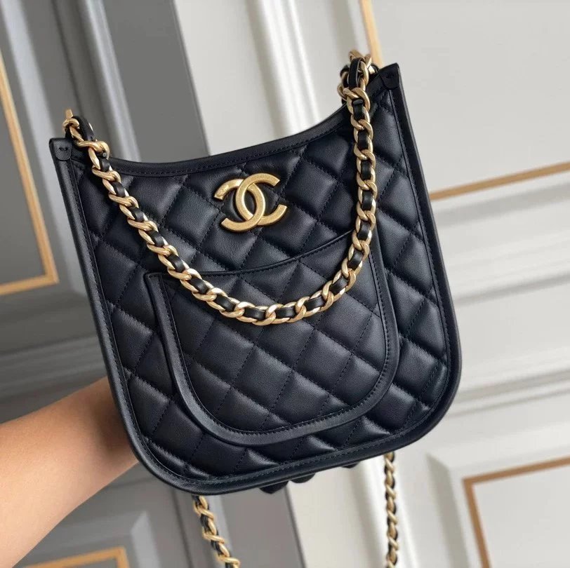 Chanel Women's Bag Top version 【Premium Genuine Goods Original Platinum Edition】24S Hot Hobo Crossbody Hippie Bag Original Factory Haas Calfskin Horizontal Version Hippie Bag Vertical Version Hippie Bag hobo Women's Bag Underarm Bag24s New Evlin Denim Den