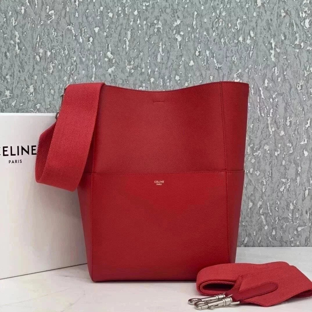 Celine women's bag Top version 【Level Surrogate Shopping】Large Size SeauSangleBucket Large Bucket Bag tote Tote Bag Litchi Grain Cowhide Commuter Bag Celine Women's Bag Mummy Bag sangle Bucket Bag Large