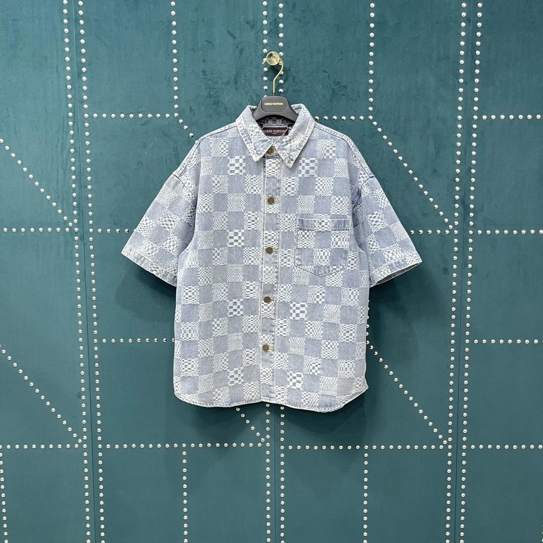 Louis Vuitton LV Shirt Full Print Checkerboard Jacquard logo Shijia Turn-down Collar Short Sleeve Shirt Unisex Versatile Business Casual Slim Fit Jacket