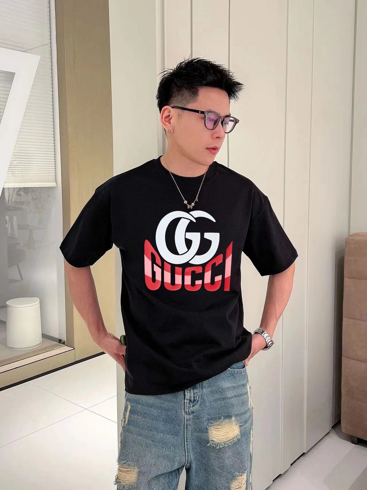 Gucci T-shirt Red and Green Double G Wow Glue Thick Board logo round Neck Short Sleeve25ss New Pure Cotton Unisex Style T T-shirt OS Loose Fit Base Shirt Top Half Sleeve T-Shirt