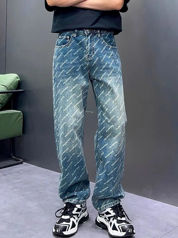 Balenciaga Jeans Letters logo Bullet Screen Full Print Denim Jeans Autumn Winter New Unisex Loose Casual Wide Leg High Waist Pants