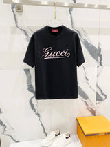 Gucci T-shirt Chest Music Note Letter Signature Print logo round Neck Short Sleeve25ss New Pure Cotton Unisex Style T Casual T-Shirt Base Layer Shirt OS Loose Fit Half Sleeve Top Plus Size