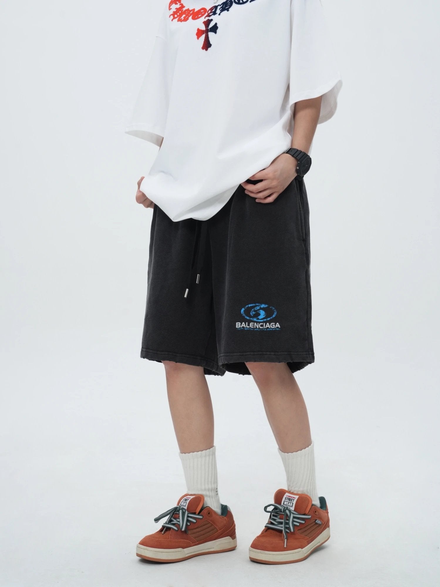 Balenciaga Shorts Front panel Logo Fuzzy 3D Foam Print Shorts Five-Point Shorts25ss New Heavy Drawstring American Style Casual Summer Pants5Two-in-One Casual Sweatpants for Men and Women