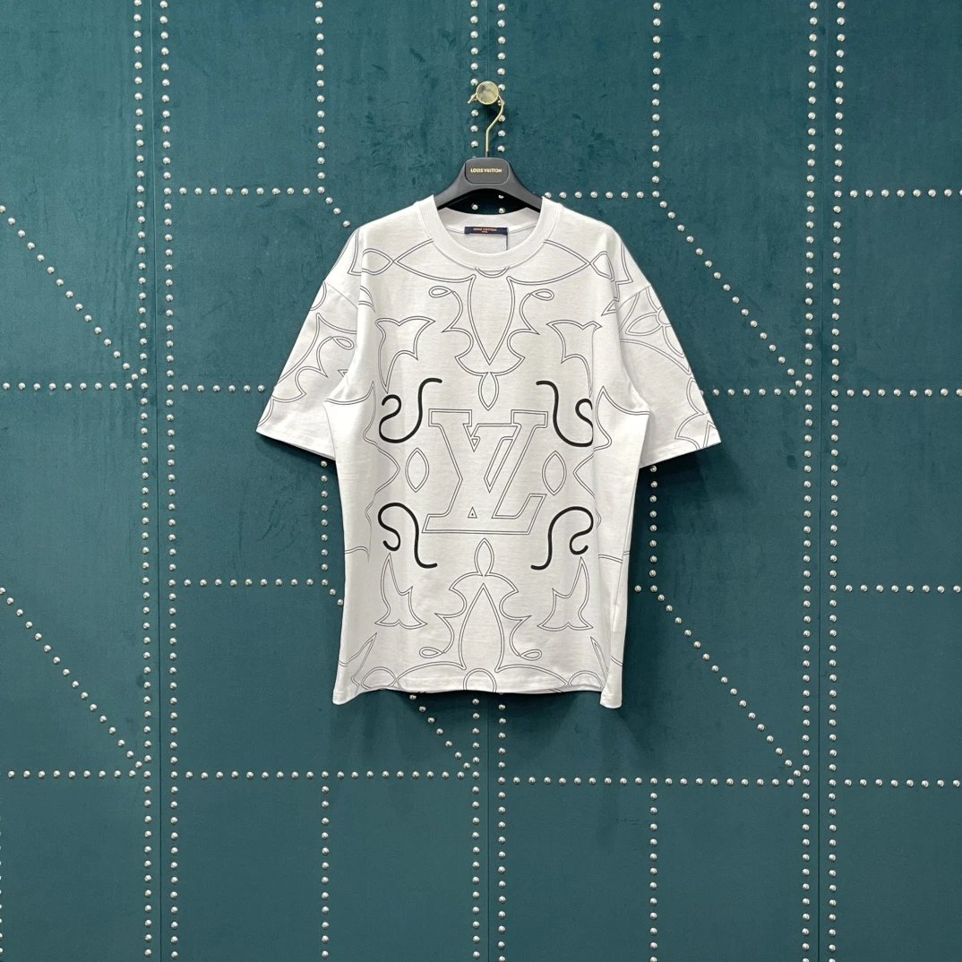 Louis Vuitton LV T-shirt Full Print Striped Vintage Floral Print logo round Neck Short Sleeve25ss New Pure Cotton Unisex Style T T-shirt OS Loose Fit Base Shirt Top Half Sleeve T-Shirt
