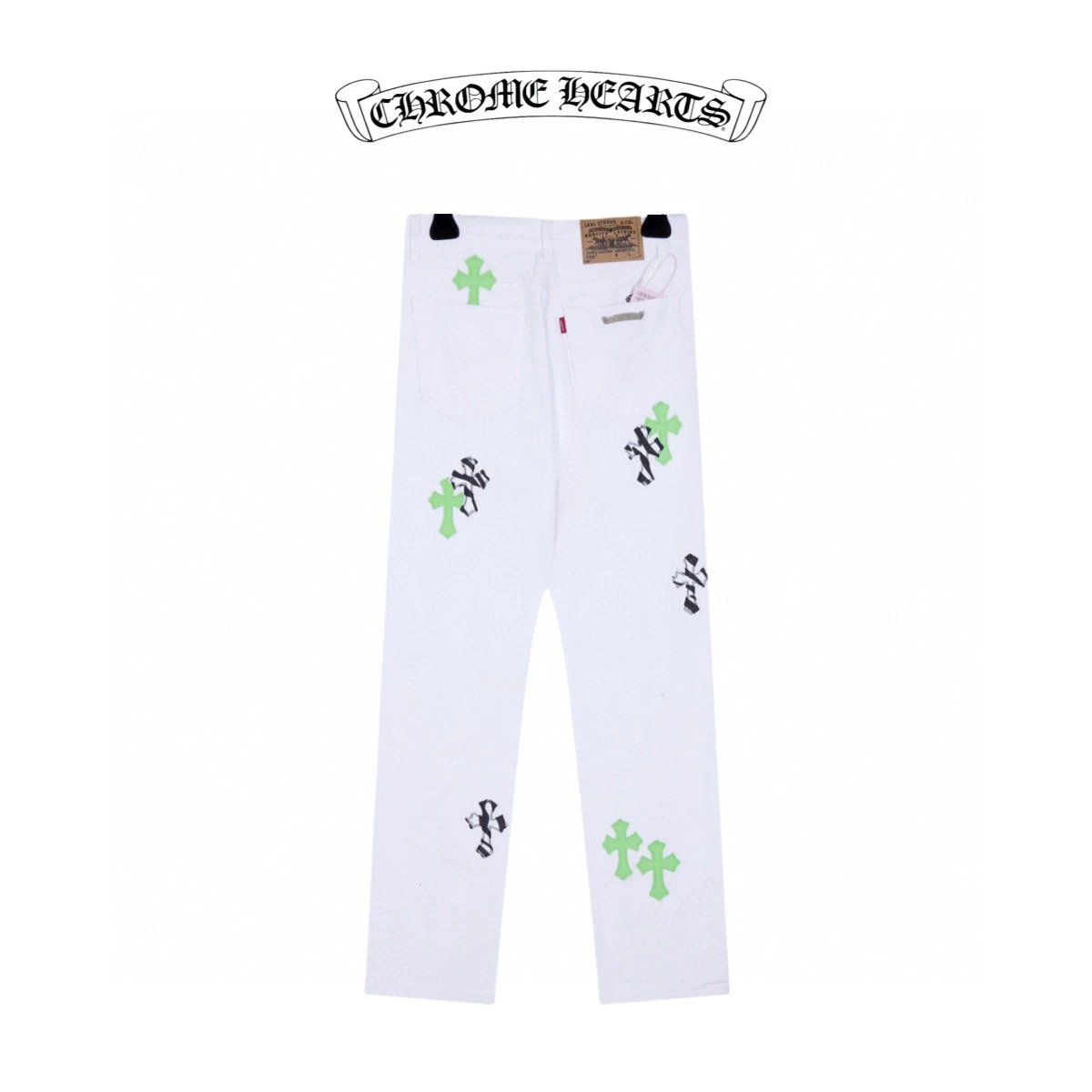 Chrome Hearts Jeans Front and Back Apple Green Cross Stitch Leather logo25ss Spring Summer New Straight Leg Jeans Unisex Slim Fit Long Pants Loose