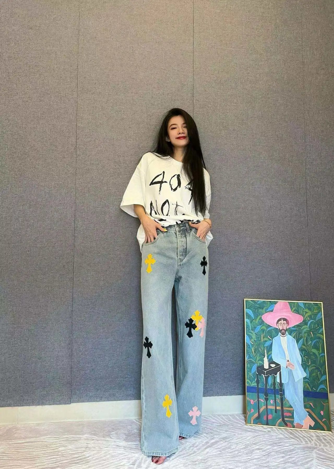 Chrome Hearts Jeans 24Classic Candy Color Cross Denim Straight Long Pants Women's All-Match Casual