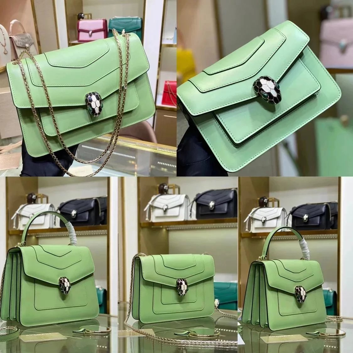 BVLGARI Bag Top version 【Original Leather】2022Spring and Summer New Color Avocado Green SerpentiForever Handbag Bag Decorated with a Snake's Head File Holder Chain Bag Portable Shoulder Messenger Bag Women's Bag