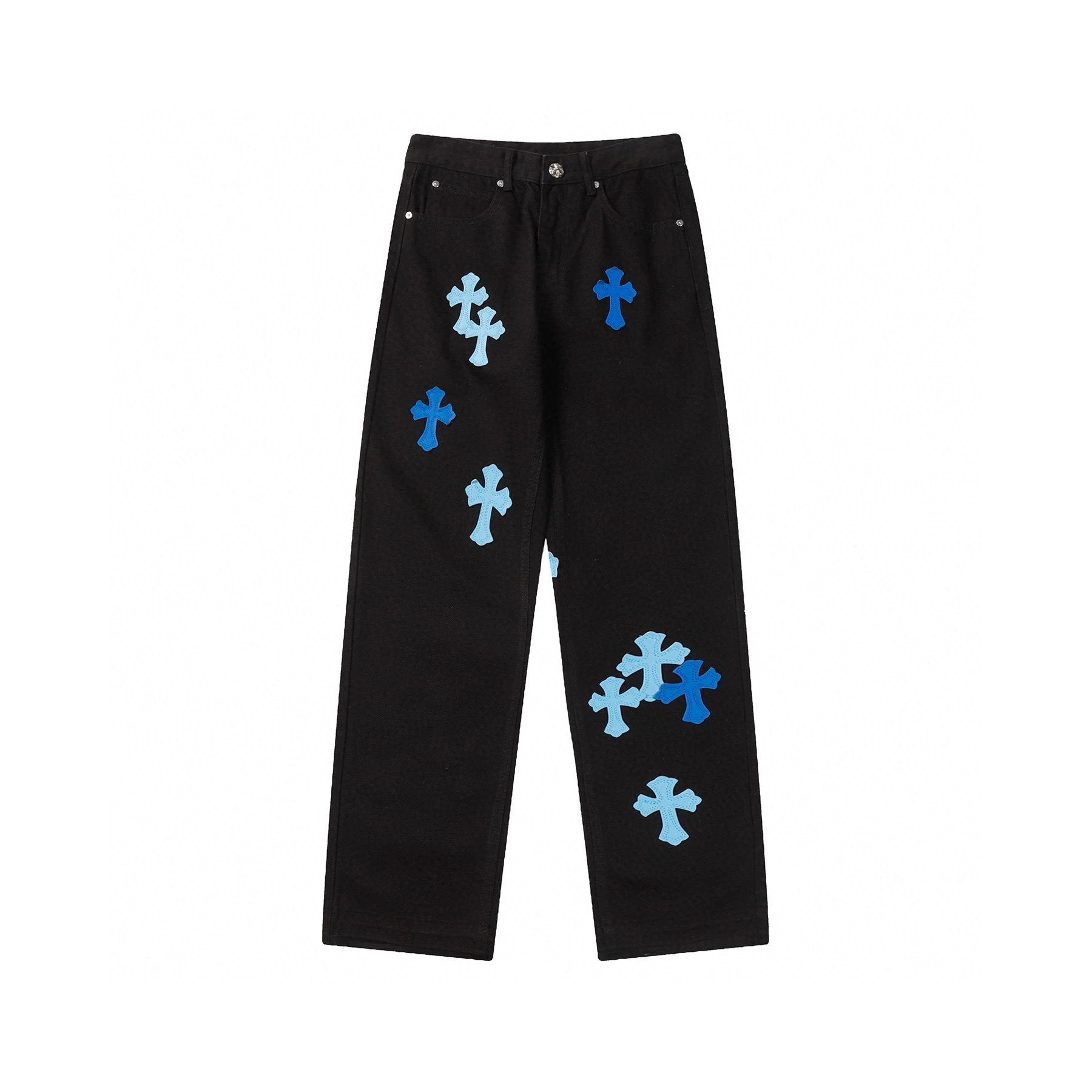 Chrome Hearts Jeans Top Version Cross Leather Tag Version Worn Jeans Casual Men and Women Slightly Loose All-Matching Contraction Trouser