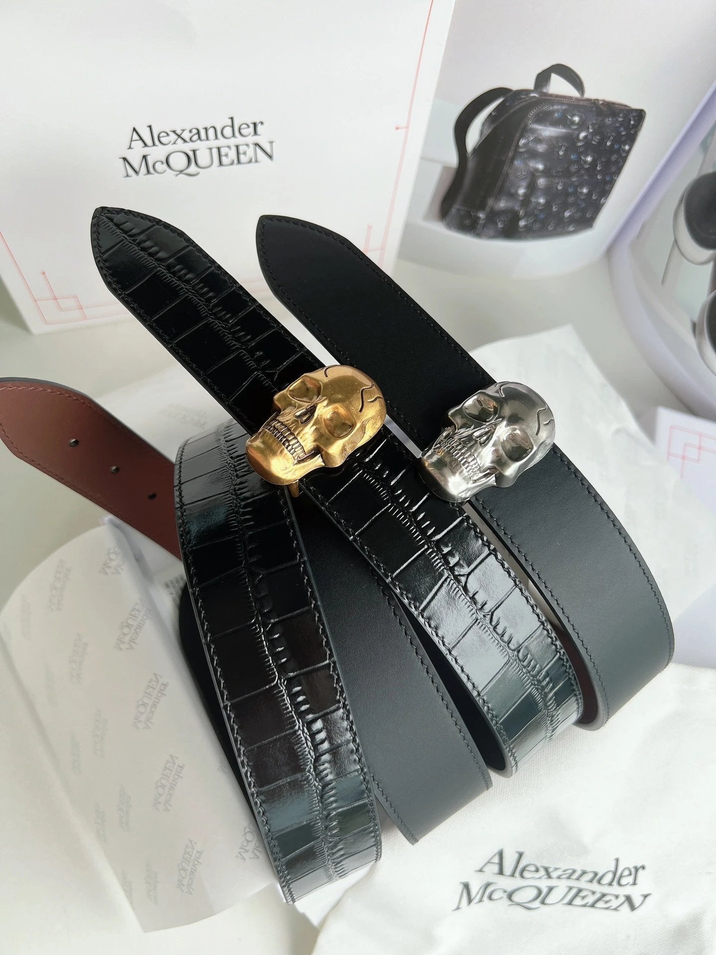 McQueen Belt Top version Original Order Surrogate Shopping Grade Men's Leather Belt Skull Belt Italy Imported First Layer Calfskin with Frosted Bottom，with Vacuum Electroplating Antique Copper Pin Buckle，Official Website New3.5