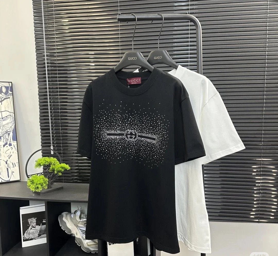 Gucci T-shirt Front Rhinestone Embellishment logo round Neck Short Sleeve25ss New Pure Cotton Unisex Style T Casual T-Shirt Base Layer Shirt OS Loose Fit Half Sleeve Top Plus Size