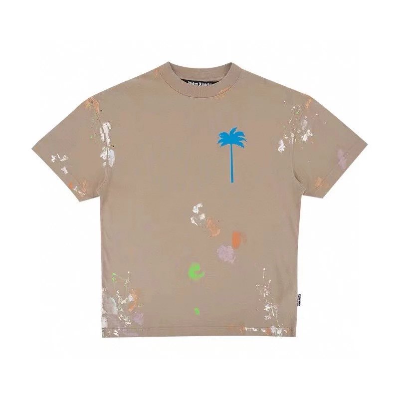 Palm Angels T-shirt Top Version Classic Men's and Women's Same Beige Cotton Tree Painted Print Short Sleeve round Neck T T-shirt