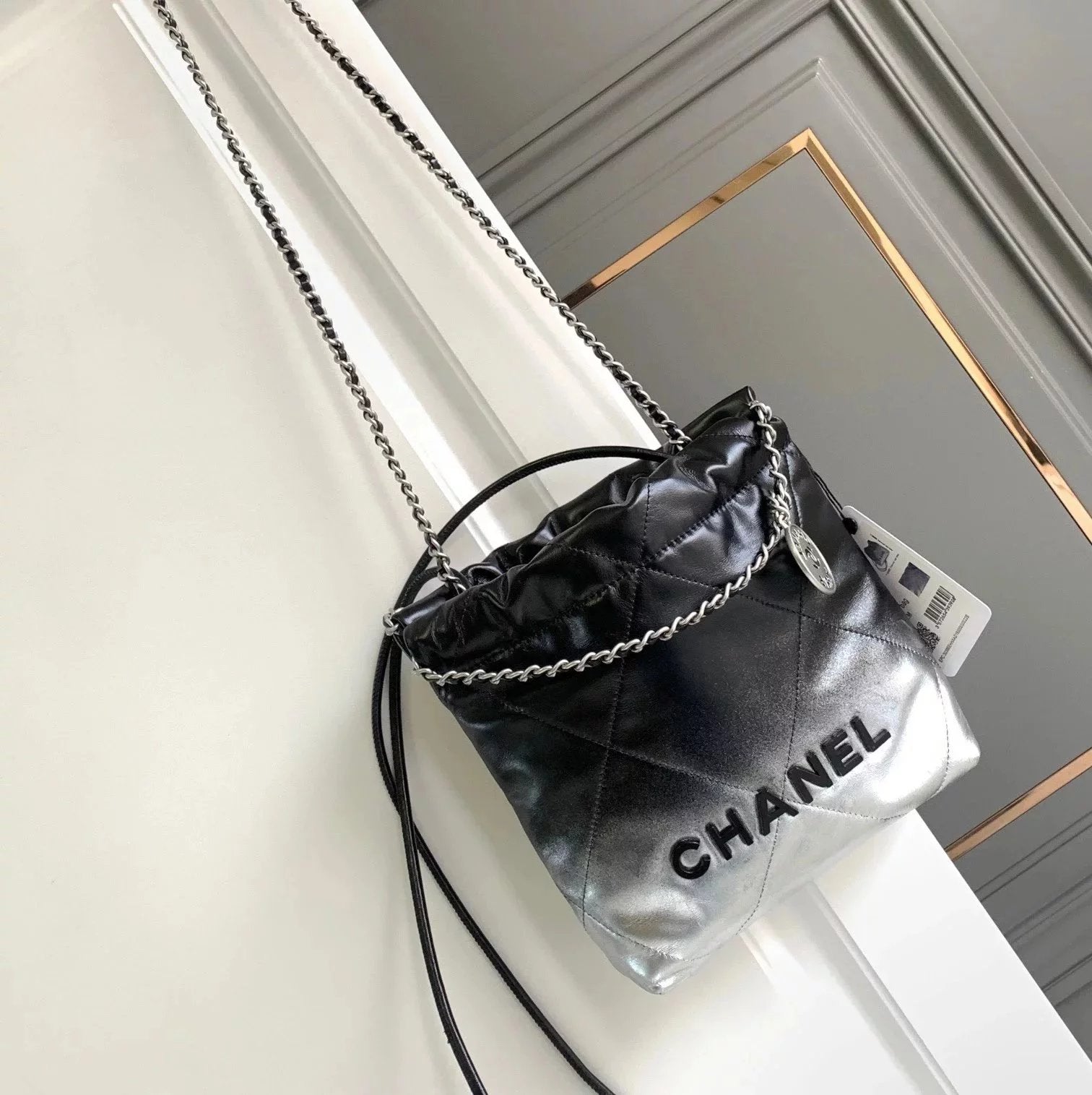 Chanel Women's Bag Top version 【**Original Leather Surrogate Shopping Edition】Home23New22bag Gradient Color Garbage Bag Autumn and Winter22Handbag Black Silver Gradient Garbage Pack Tote Bag mini Small Size Large Size Tote Bag Shopping Bag