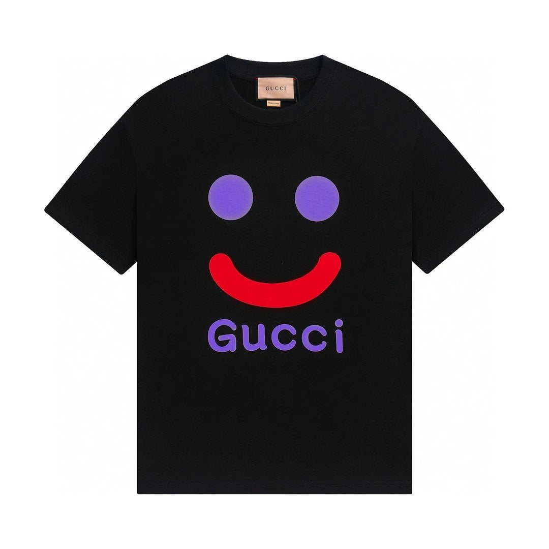 Gucci T-shirt Smiley Face Print on the Chest logo round Neck Short Sleeve25ss New Pure Cotton Unisex Style T T-shirt OS Loose Fit Base Shirt Top Half Sleeve T-Shirt