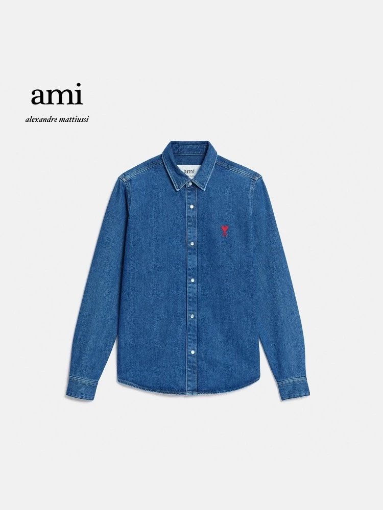 Ami Shirt Top Version for Men and Women23Spring and Summer New Love Red Love Casual Denim Shirt