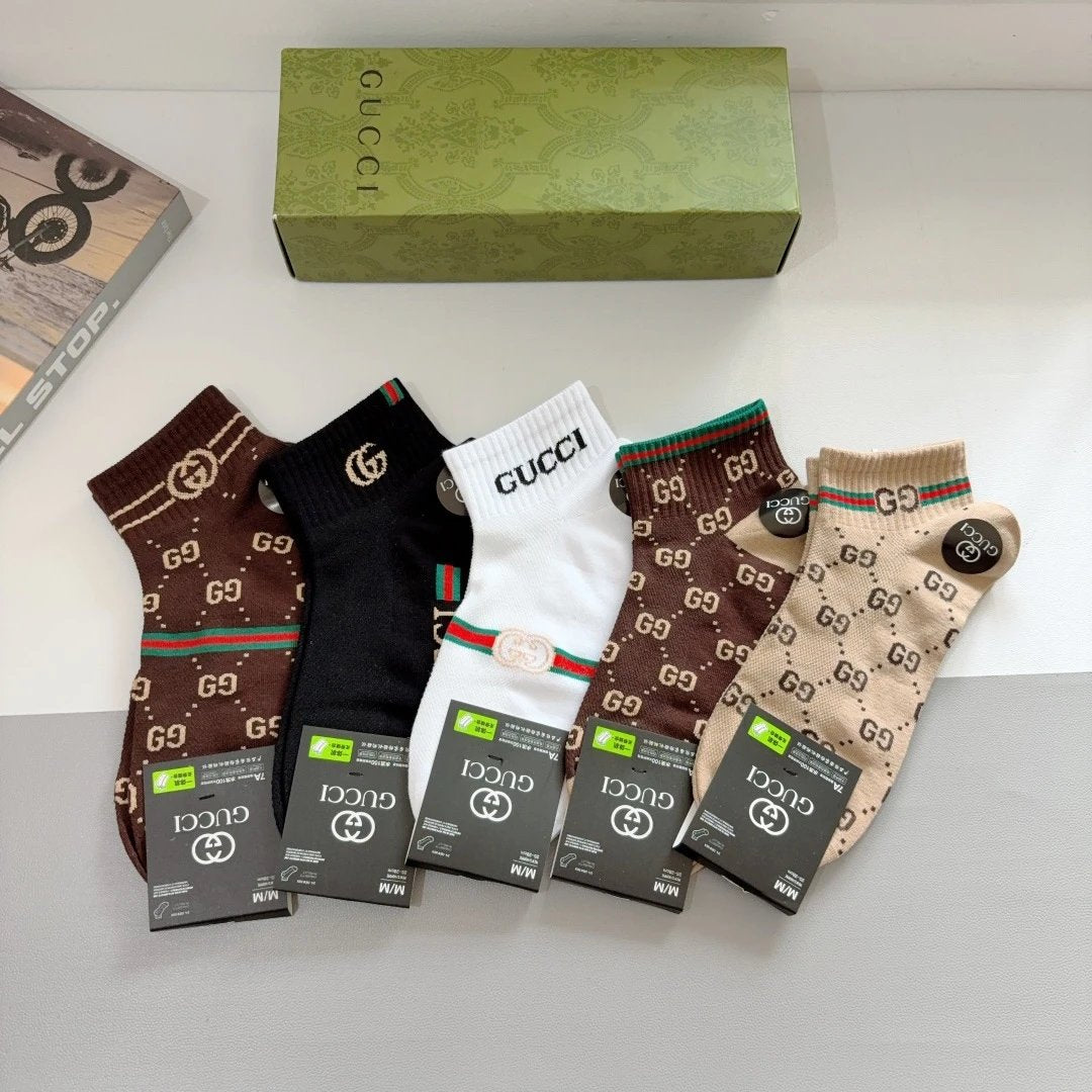 Gucci Sock 【a Box5Double】Full Print Double G Jacquard logo Breathable Fashion25ss New Short Cotton Socks Spring Summer Autumn Thin Business Deodorant Sweat-Absorbing Sports Casual Versatile