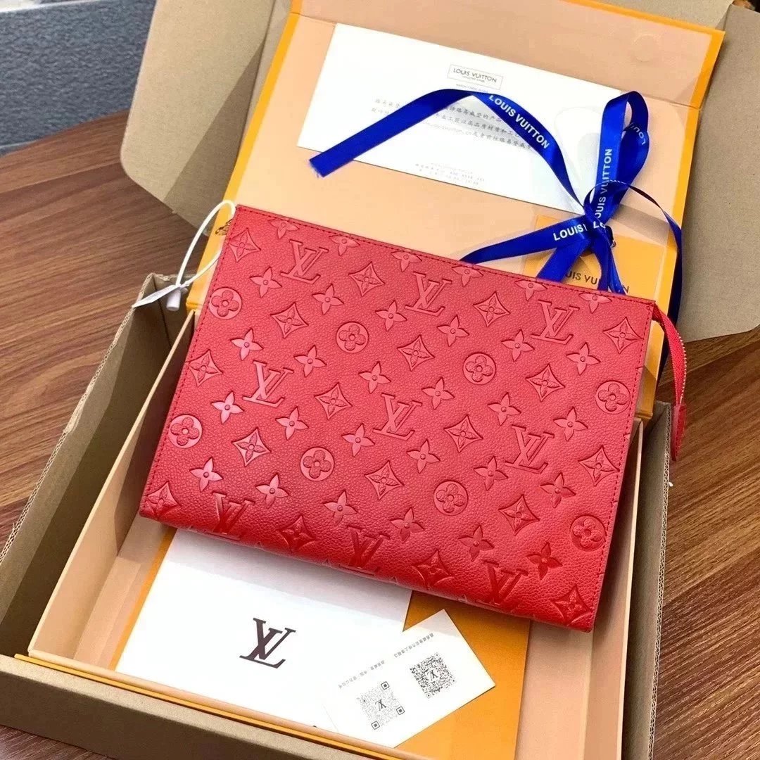 Louis Vuitton LV Wallets/Clutches Top version M45665Pink Red Embossed Cowhide Wash Bag Cosmetic Bag Brand New PochetteVoyage Medium Handbag Women's Handbag Clutch Storage Bag Women's Bag