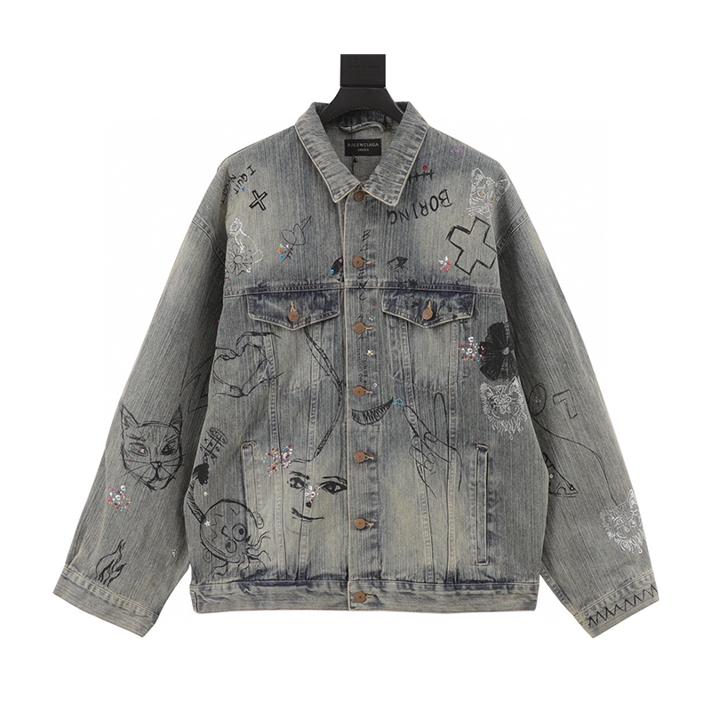 Balenciaga Jackets 24Fw Sketch Graffiti Hot Drilling Denim Jacket Coat Men and Women Same Style