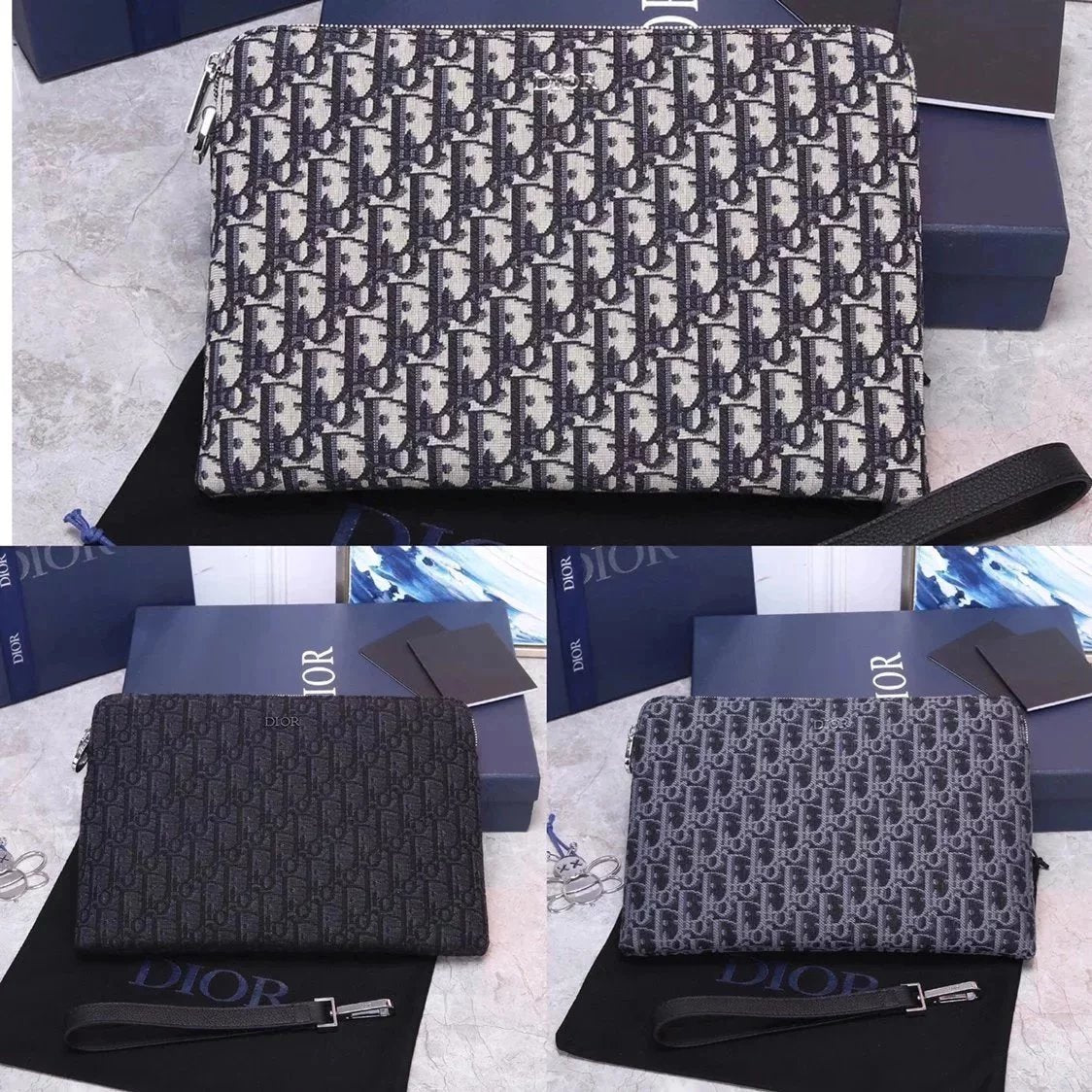 Dior Men's Bag Top version OBLIQUE Presbyopic Men's Clutch Original Quality Imported Original Black Cloth Presbyopic Jacquard Men's Bag