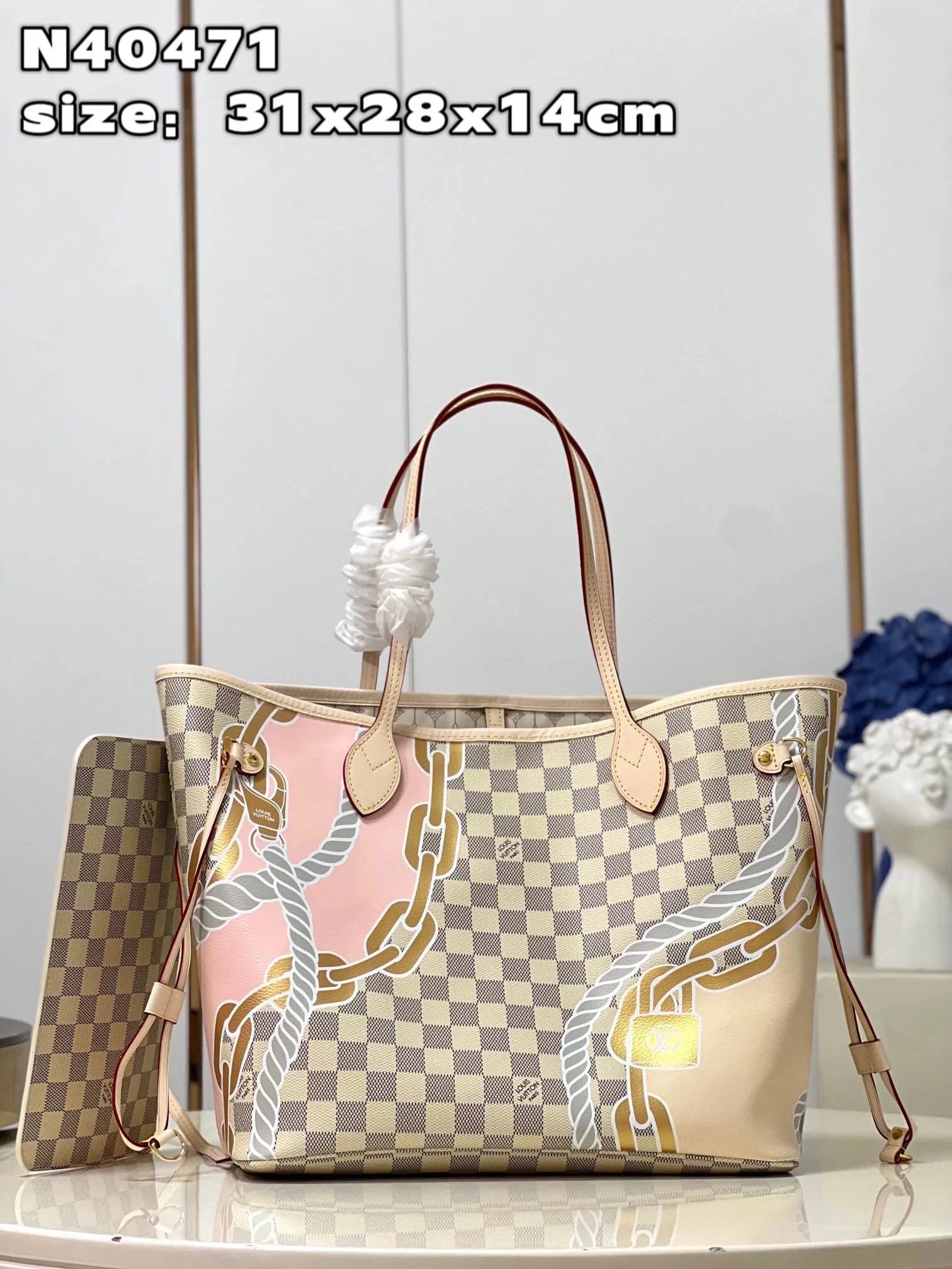 Louis Vuitton LV Women's Bag Top version 【Spring and Summer Limit】N40471White Chessboard NEVERFULL Sailing Chain Shopping Bag Series Mummy Bag tote Tote Handbag Sub-Mother Bag