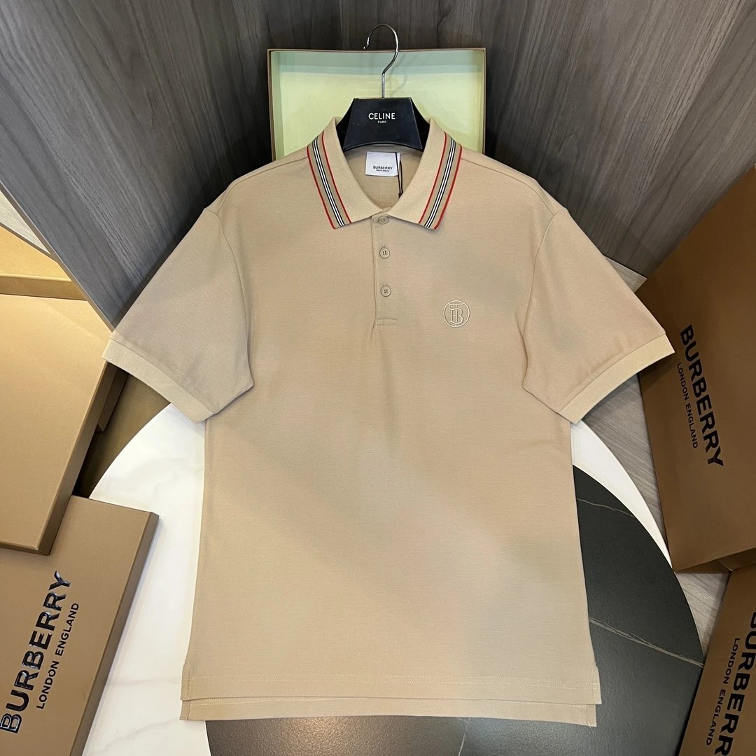 Burberry T-shirt Signature Stripes at the Neckline logoPOLO Shirt Lapel Short Sleeve25ss New Unisex Summer Short Sleeve OS Loose T Business Half Sleeve Shirt Plus Size T-Shirt