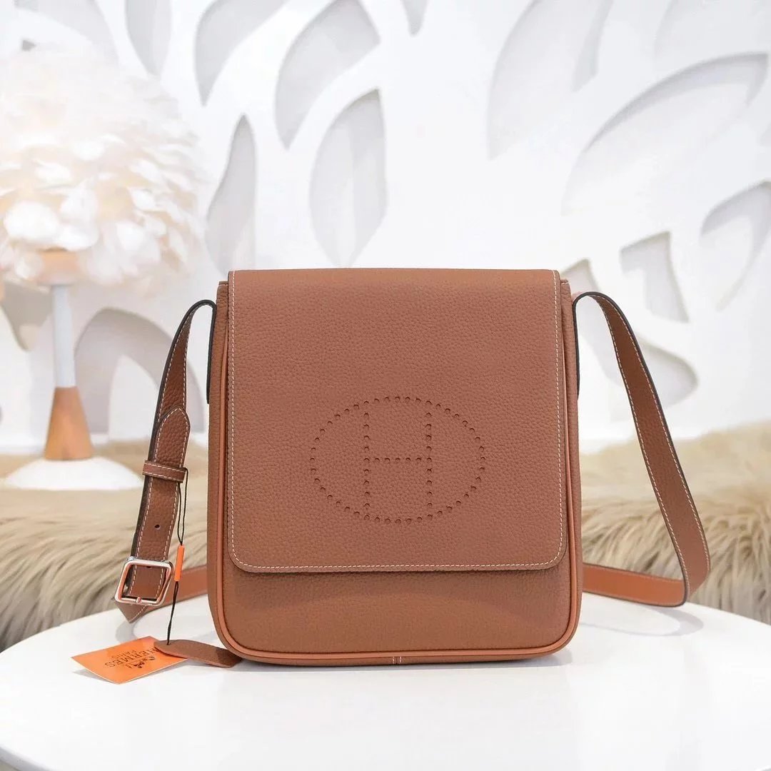 Hermes men's bag Top version Genuine Goods Grade New Classic Men's Fashion Flap Bag Crossbody Bag Men's Casual Shoulder Bag Men's Bag First Layer Cowhide Handbag Khaki Full Leather Black Canvas Handmade Big Bag