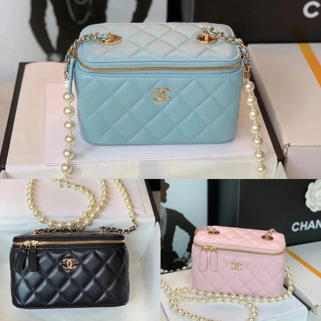 Chanel Women's Bag Top version 【Original Leather High-Definition Version】Nair2022Spring and Summer New Pearl Chain Bag Box Bag Cosmetic Bag Pearl Bag woc Box Cosmetic Case